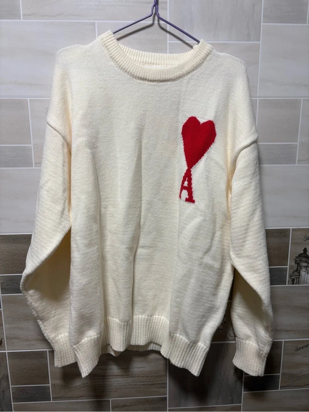 Ami Cream Crewneck Sweater with Red Heart and 'A' Motif
